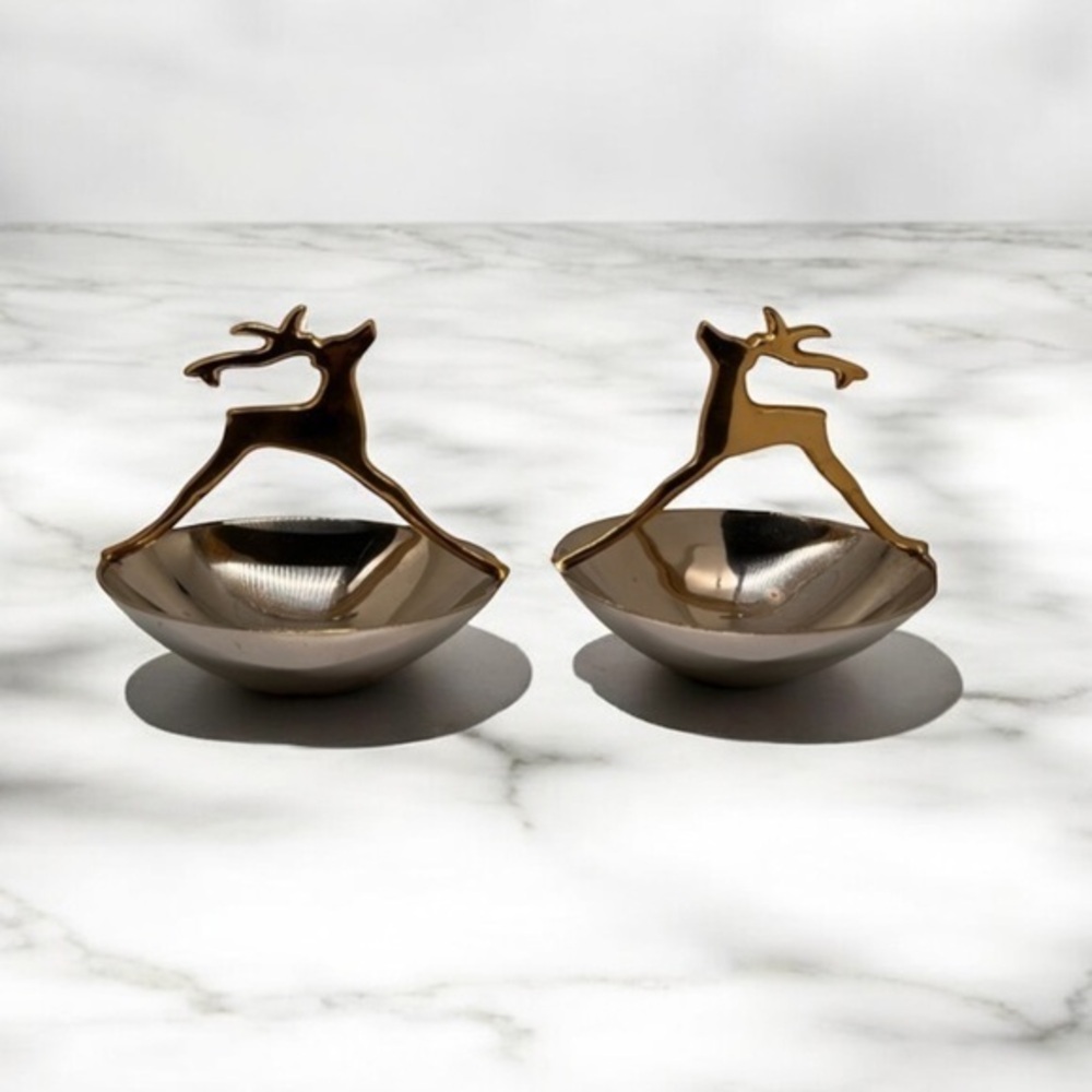 MCM Reindeer Handle Brass Silver Plate Trinket Footed Dish 5" Set of 2 Christmas